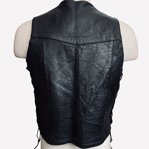 UNIK Men's Black Leather Motorcycle Vest Sz 42 Snaps Lace-Up Sides Pockets Biker - Picture 2 of 16